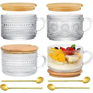 Famanu Kaffeetassen Set 4 große Tassen mit Deckel und Löffel - Vintage Design