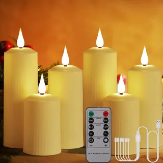 Poraschine Wiederaufladbare LED Kerzen mit 10-Tasten Fernbedienung, Outdoor Wasserdichte Flammenlose Kerzen mit 6/8H Timer, Römische Stumpenkerze im 6er Set Elfenbein, Type-C (beige-6X)