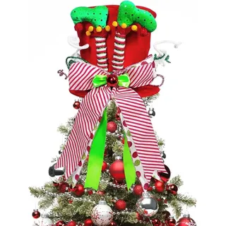 TRANKIELO® - Weihnachtbaumspitze, 25 cm - Rote Spitze mit elfenbeinfarbener und gestreifter Schleife - Aus robustem Filz und Seide
