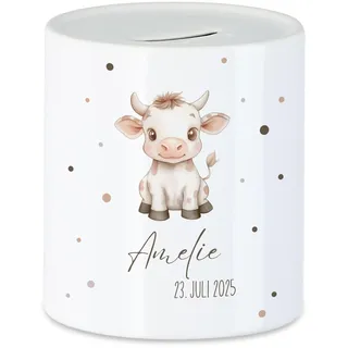 Spardose Kinder mit Namen Personalisiert, Tiermotiv Kuh Geschenk für Mädchen & Junge Geburtstag, Weihnachten, Geburt und Taufe - Sparschwein Geldgeschenk und Wunscherfüller