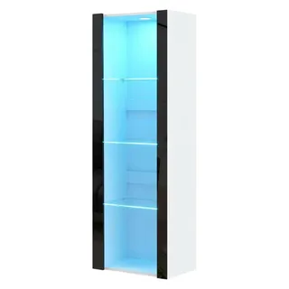 Panana Vitrinenschrank Glasvitrine Vitrine Schrank mit RGB LED-Beleuchtung, 3 Glasböden, für Wohnzimmer, Schlafzimmer, 55 x 35 x 166 cm (Weiß+Schwarz), FRSB22-TC