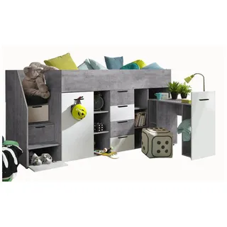 Abiks Möbel Hochbett, Grau, Weiß, Holz, Nachbildung, 10 Fächer, 4 Schubladen, 90x200 cm, Kinder- & Jugendzimmer, Kindermöbel, Kinderbetten, Hochbetten