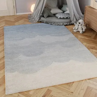 Kinderteppich SMART KIDS "Mika", blau, B:140cm H:1,2mm L:200cm, Wolle, Teppiche, Kinderteppich, aus Naturfasern, dezentes Wolken-Motiv, pastellfarben, Kinderzimmer