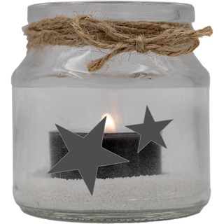 Trauer-Windlicht Glas mit Teelicht und Sand, 2 Sterne, 7x7cm Trauer-Licht mit Trauer-Kerze Gedenk-Kerze schwarz