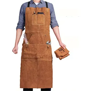 Lederschürze - Schweißerschürze aus Leder mit 6 Werkzeugtaschen, Flammhemmende und Hitzebeständig Arbeitsschürze mit Verstellbar Cross Back Gurte
