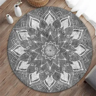 Hearda 3D-Retro-Mandala-Stil Teppich rutschfest Rund Reppich Schlafzimmer, Pflegeleicht Innenbereich Waschbarer Runder Teppich, fürs Wohnzimmer, Büro, Flur (Grau,60cm)