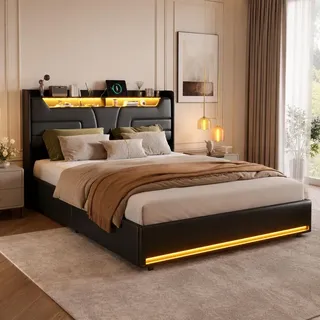 Doppelbett Polsterbett 140x200cm mit LED-Beleuchtung, Modernes Schwarz Gepolstertes Bett mit USB-Ladefunktion & Lagerregal, Stauraumbett Jugendbett Funktionsbett, ohne Matratze (Typ C, 140X200CM)