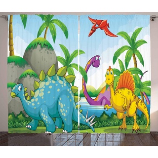 ABAKUHAUS Natur Rustikaler Gardine, Dinosaurier im Dschungel, Schlafzimmer Kräuselband Vorhang mit Schlaufen und Haken, 280 x 245 cm, Lila Aqua