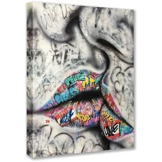 Banksy Street Art Graffiti Romantischer Kuss Bilder Lippen Gemälde Gekritzel Kunstwerk für Wohnzimmer Geschenk 1 Stück Leinwand Wandkunst Nordische Wohnkultur Gerahmt fertig zum Aufhängen Poster