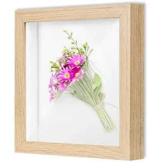 CLAMARO 3D Bilderrahmen zum Befüllen, 50x70 cm, Eiche Natur, HDF-Rückwand | Innentiefe 2 cm für Andenken, Acrylglasscheibe statt Glas, Metall-Zackenaufhänger, Wandmontage