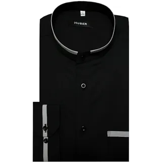 HUBER Herren Stehkragenhemd schwarz mit Kontrast Langarm Regular Fit HU-0561 Made in EU - M
