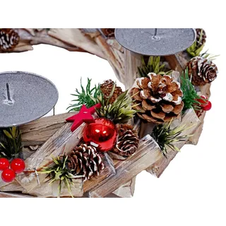 Mendler Adventskranz HWC-H50, Weihnachtsdeko Adventsgesteck Weihnachtsgesteck, Holz rund Ø 33cm ~ ohne Kerzen
