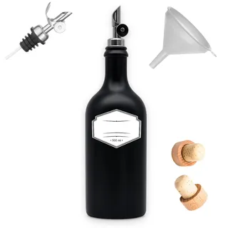 Steinzeug Ölflasche 500 ml – Keramik Essig & Öl Spender mit Free Flow Ausgießer – Nachfüllbare Olivenölflasche für Küche & Tisch – inkl. Trichter & Korken (Schwarz)
