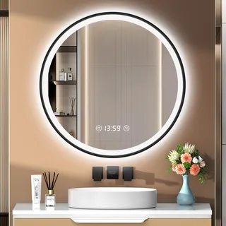 PESENXAN Runder LED Spiegel mit Beleuchtung und Uhr 60 cm - Antibeschlag, Dimmbar, 3 Lichtfarben, Touch-Schalter, Speicherfunktion, Energiesparend, Schwarz