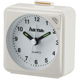 Hama analoger Wecker inkl. Batterie (batteriebetriebener Reisewecker mit schneller werdendem Alarm und Schlummerfunktion, Wecker mit Licht, fluoreszierender Stunden- und Minutenzeiger) weiß