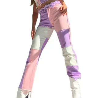 PAODIKUAI Damen Patchwork-Jeans, roher Saum, Denim-Hose, schmale Bootcut-Jeans, hohe Taille, Distressed Straight Denim Jeans, Rosa/Violett, staight Leg, X-Klein - XS