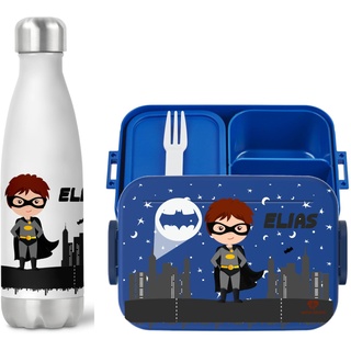 wolga-kreativ Set personalisierte Brotdose blau und Trinkflasche für Jungen mit Superheld Motiv Bento Lunchbox mit Fächern und Unterteilung für Schule und Kindergarten