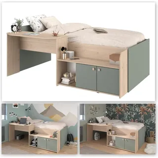 Hochbett >Jade< Liegefläche 90x200cm, Grün - Eiche Nachbildung - 203x136x79cm (LxBxH)