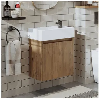 Roomart Badmöbel-Set MINI 50 hängend, 25 cm tief, Soft-Close, Keramikbecken in 5 Farben, (Komplett-Set für Badezimmer, Gäste WC, Unterschrank mit Waschbecken, Seitenschrank, Spiegelschrank), Soft-Close, Wandmontage, Keramikbecken inkl., 5 Farben, 25 cm tief beige