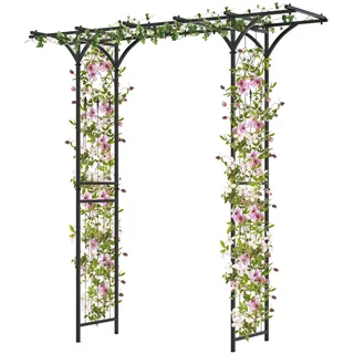 GOPLUS Rosenbogen aus Metall, 200 x 52 x 206 cm Gartenbogen mit Spalieren & erweitertem Dach, Torbogen Pergola Rankhilfe Hochzeitsbogen für Garten, Hochzeit & Party