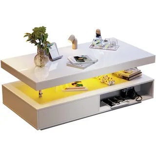 Hochglanz-Couchtisch Weiß 95x50x42 cm mit 4 Glaseinsätzen, 2 Schubladen, 2 offene Fächer, LED-App-Steuerung, moderner Wohnzimmertisch