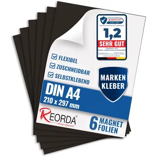 REORDA® Magnetfolie DIN A4 selbstklebend 6er Set - Magnetpapier mit starkem Marken-Kleber - Magnetplatte zuschneidbar für Kühlschrank, Tafeln & Poster - Magnetische Folie selbstklebend für's Basteln