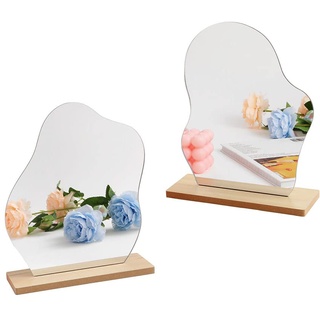 SEWSAW 2 Stück Acryl Unregelmäßiger Spiegel Rahmenlose Dekorative Spiegel Dekorative Kosmetik Tischspiegel mit Holzsockel für Schlafzimmer Wohnzimmer Raumdekor
