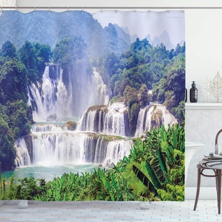 ABAKUHAUS Exotisch Duschvorhang, Wasserfall Tropische Pflanze, Stoffliches Gewebe Badezimmerdekorationsset mit Haken, 175 x 200 cm, Grün Hellblau