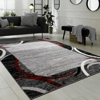 Paco Home Wohnzimmer Teppich Bordüre Kurzflor Meliert Modern Hochwertig Grau Schwarz Rot, Grösse:80x300 cm