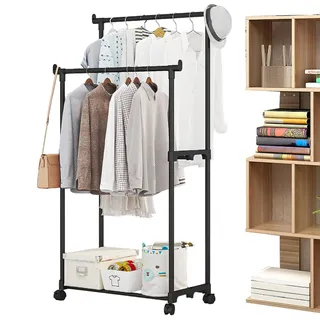 Generisch Offener Kleiderschrank System, Kleiderstange Doppelt Stabil, Doppelschienen Kleiderständer, Robuste Kleiderstange Mit Rollen, Robuste Kleiderstange Mit Unterem Gestell Und Rollen