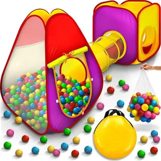 KIDUKU Spielzelt mit Tunnel und 200 Bällen inkl. Tasche Kinderzelt Bällebad Pop Up Babyzelt