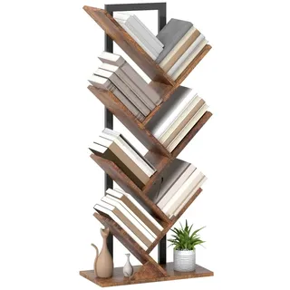 STILVORA Bücherregal Standregal 50x24x109 cm mit 7 Ebenen platzsparend Baumform Industrial Stahlrahmen Kippschutz Rustikalbraun