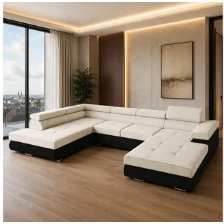 Goldstoff Wohnlandschaft RELAX U Ecksofa mit Schlaffunktion, Kunstleder & Samt, 345 × 205 cm, zwei Bettkästen, verstellbare Kopfstützen beige|schwarz