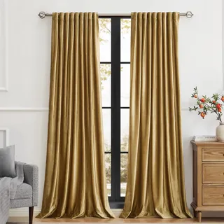 Primrose Goldene Samtvorhänge, 274,3 cm lang, für Wohnzimmer, Set mit 2 Paneelen, Verdunkelungsstabtasche, Rücklasche, Fenster, Behandlungsraum, Verdunkelung, schwere dekorative Vorhänge für