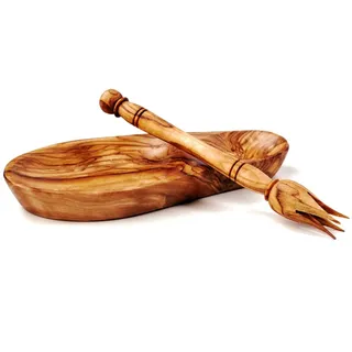 das Olivenholzbrett® Olivenschale für Oliven aus Holz, Olivenholz + 2 Olivenpicker inklusive (14 Zentimeter)