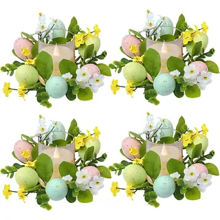 Kerzenring Osterkranz Osterdeko Kerzenkranz für Stabkerzen Osterkerzenringe Kränze Ostereier Kerzenringe Osterkerzenkranz Künstliche Blumenkränze Kerzenkränze Osterkerzenring Ostern Tischdeko (4PCS A)