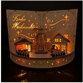 Online-Fuchs Weihnachtsdorf - Buch aus Holz mit LED-Beleuchtung & Timer - Weihnachtsdeko, praktische 6-Stunden Timerfunktion beige