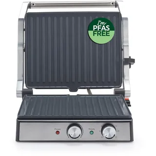 Salter Großer elektrischer Gesundheitsgrill – Keramikplatten flach offen für zusätzlichen Platz, PFAS-frei, Sandwichtoaster aus Edelstahl & Panini-Presse, überschüssige Ölwanne für Fleisch