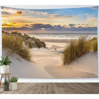 LB Wandteppich Tropischer Strand Wandtuch Küstenpflanze am Meer Sonnenuntergangslandschaft Wandbehang Sommerinsel Tapisserie für Wohnzimmer Schlafzimmer Wohnheim Wanddeko,150x130cm