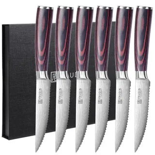 PAUDIN Steakmesser 6-teiliges Set, hochwertiger deutscher Edelstahl Steak Messer, ultrascharfe gezackte Klinge und ergonomischer Holzgriff, Tafelmesser mit Geschenkbox