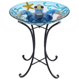 MUMTOP Vogeltränke aus Glas, Vogeltränke für den Außenbereich, Solar-Vogelfutterstation mit Metallständer für Garten, Hof, Rasen, Dekoration, Muster: Meeresschildkröten, ca. 55 x 46 cm, blau
