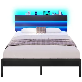 KIMENICH Metallbett mit Stauraum, LED-Beleuchtung & Ladeanschlüsse (USB/Type-C) (Ohne Matratze), Jugendbett Bettgestell 140X200cm schwarz 140 cm x 202 cm x 92 cm