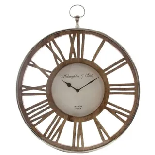 Casa Padrino Luxus Wanduhr im Design einer antiken Taschenuhr Silber / Naturfarben Ø 50 cm - Dekorative runde Uhr mit einem Ziffernblatt aus unbehandeltem Holz