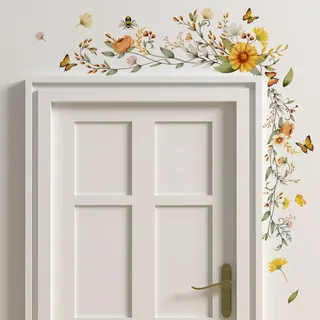 COVPAW Wandtattoo Wohnzimmer Blumenrebe Gänseblümchen Schmetterlingen Wandaufkleber Schlafzimmer Blumenranke Chrysantheme Wandsticker Kinderzimmer Küche Büro Wanddekoration (A)