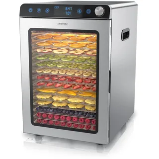 Arendo - Dörrautomat Edelstahl mit 16 Edelstahlgitter - 1000 Watt - 13400 cm2 - 8 Programme - Dörrgerät Dehydrator Obsttrockner Dörrapparat - Obst Fleisch Pilze uvm - LED Touch Control Drehregler