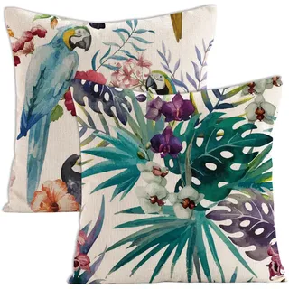 Set Aus 2 Dekorativen Kissenbezügen Mit Tropischen Blumenmustern (blumen, Palmen, Blätter, Flamingos, Papageien, Vögel), Standard-quadratformat 45 X 45 Cm, Sommerlicher Aquarellstil.