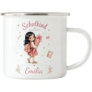 Schulkind Tasse personalisiert mit Mädchen Motiv, süßes Einschulungsgeschenk für Mädchen zum Schulanfang 2026, individueller Name, Kaffeetasse - Emaille