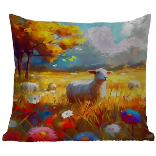 MuchoWow Dekokissen Schafe - Wiese - Blumen, Kissenhülle für den Außenbereich, Outdoor, Kissen, 60x60 cm 60 cm x 15 cm x 60 cm