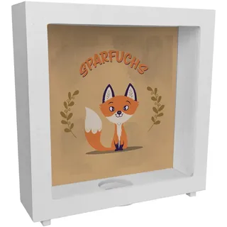 Rahmen Spardose aus Holz aus Keramik mit süßem Fuchs Motiv und Spruch - Sparfuchs als niedliche Geschenkidee zur Einschulung für Kinder oder für Eltern die auf ausgefallene