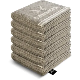Sansibar Handtuch 6er Set 50x100 cm 100% Baumwolle Doubleface Frottiertuch gestreifte Borde Zweifarbig Taupe/Sand